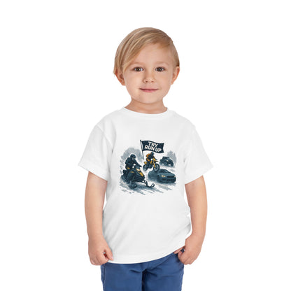 Kids Winter Snowmobiling Run Up Toddler Short Sleeve Tee | Snowmobile Design