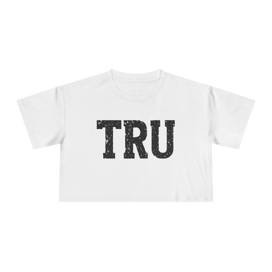 TRU text crop tee | distressed varsity letters, casual graphic top