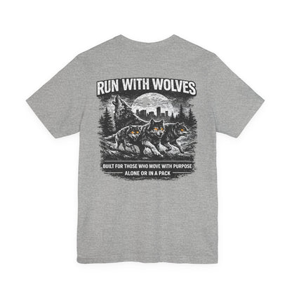 Run With Wolves tee | Wolf pack forest skyline, Motivational nature design