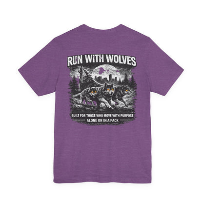 Run With Wolves tee | Wolf pack forest skyline, Motivational nature design