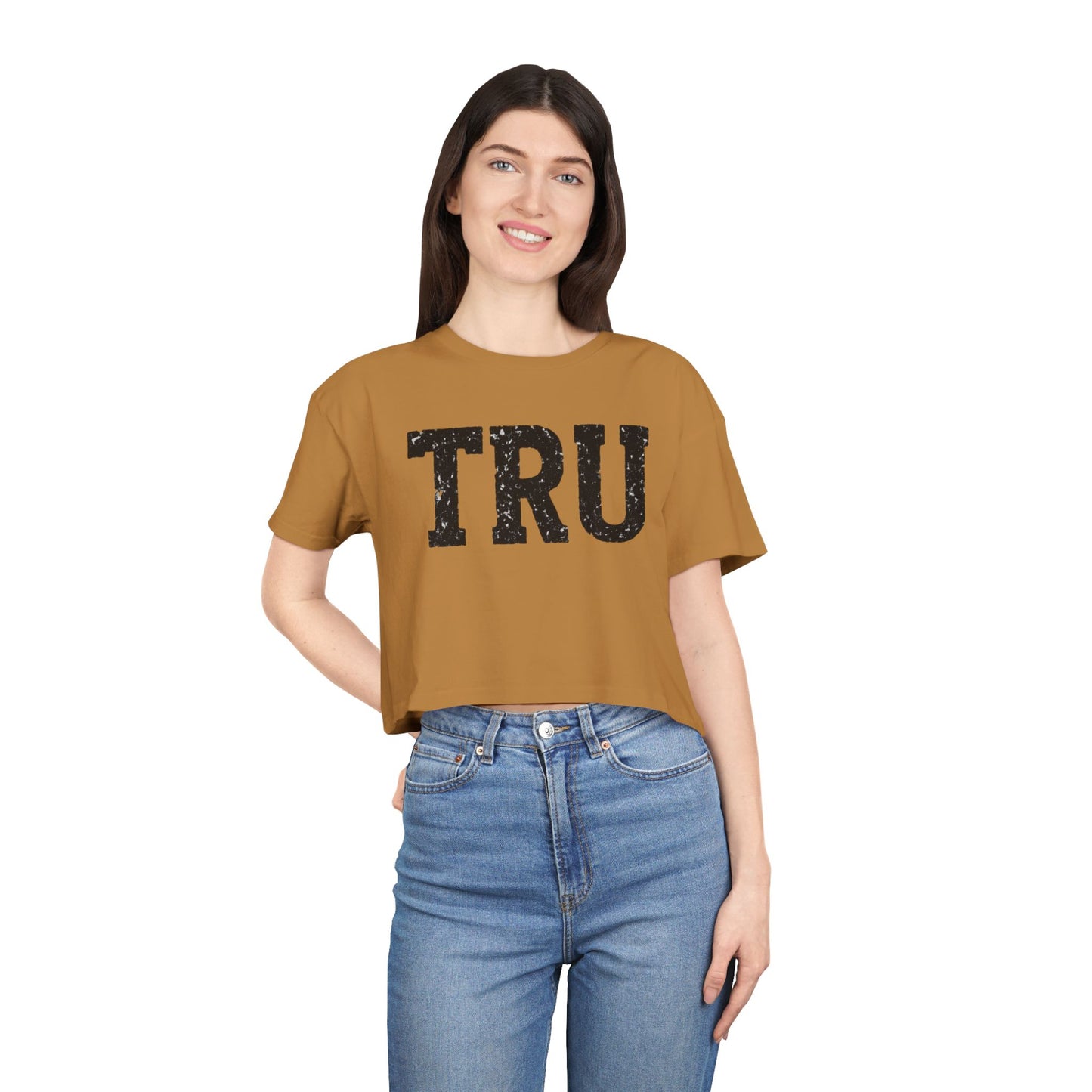 TRU text crop tee | distressed varsity letters, casual graphic top
